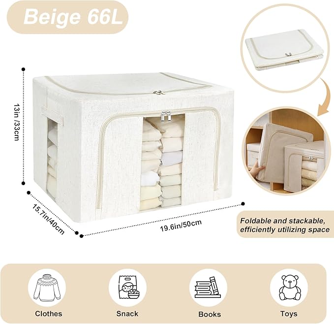 Amiya Clothes Storage Bins with Metal Frame,3-Pack Foldable Linen Fabric Storage Box with Lids, Stackable Organization and Storage Bins with Clear Window,Zippers,Handles(Beige,66L)