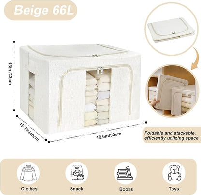 Amiya Clothes Storage Bins with Metal Frame,3-Pack Foldable Linen Fabric Storage Box with Lids, Stackable Organization and Storage Bins with Clear Window,Zippers,Handles(Beige,66L)