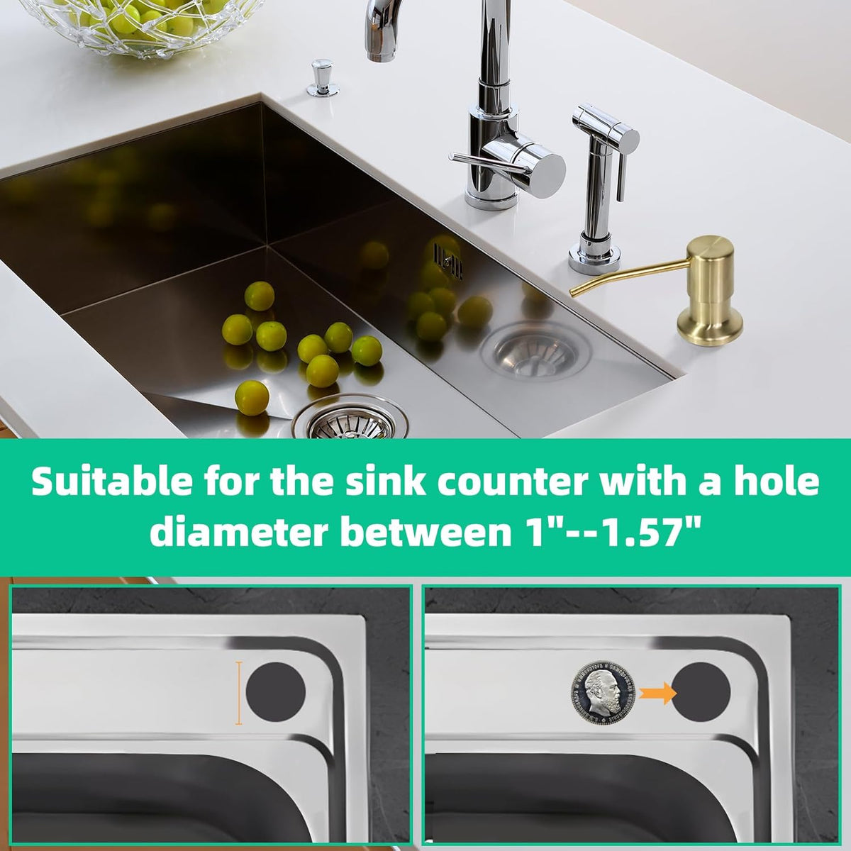 Soap Dispenser for Kitchen Sink, Built in Sink Soap Dispenser, Countertop Soap Dispenser Pump with 47" Extension Tube kit, No Need to Fill Little Bottle Again, Golden