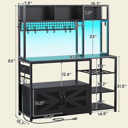 Itaar 47.2 Inch Bakers Rack with Power Outlet, Microwave Stand with Storage, Farmhouse Coffee Bar Cabinet Station with Wine Rack