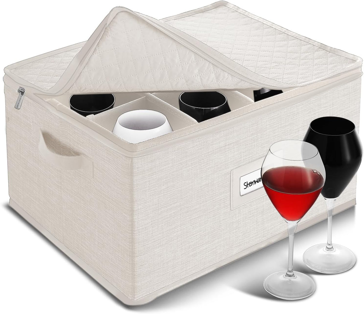Hearth & Harbor Wine Glass Storage Box with Dividers, Quilted and Stackable Stemware Storage Cases, Service of 12 Glass China Container Hard Shell for Moving and Organization, Cream