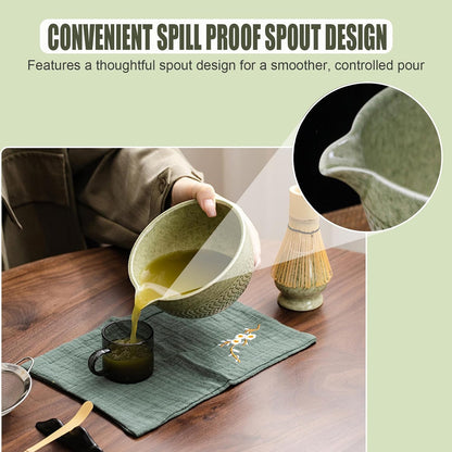 Ceramic Japanese Style Matcha Bowl Whisk Holder Temperature Resistant Braid Textured Matcha Tea Bowl Set With Spout for Trip (Green)