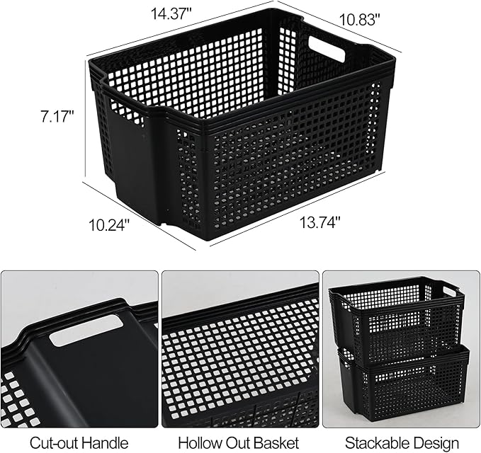 6-Pack Black Plastic Storage Baskets, Large Stackable Organizer Basket