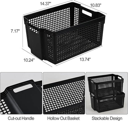 6-Pack Black Plastic Storage Baskets, Large Stackable Organizer Basket