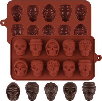 Actvty Skull Chocolate Molds, Halloween Chocolate Candy Molds, 2 Packs 10 Cavity Skull Silicone Molds with 5 Different Designs for Making Chocolate