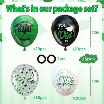 OuMuaMua 75 Pack Graduation Party Decorations Balloons Set - 12 Inch Black Green White Confetti Graduation Balloons with 2 Ribbons for Class of 2026 Congrats Grad Birthday Party Decor Supplies