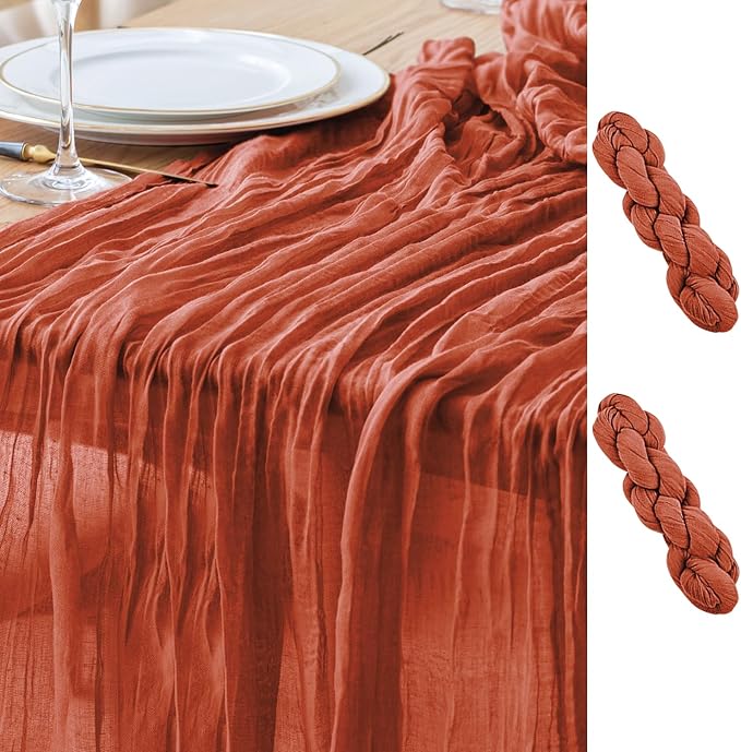 Asee'm 2pcs Cheesecloth Table Runner 120 Inches Long Terracotta Boho Gauze Cheese Cloth Runner 10FT Rustic Sheer Fall Table Runners for Thanksgiving Christmas Wedding Party Baby Shower Decoration
