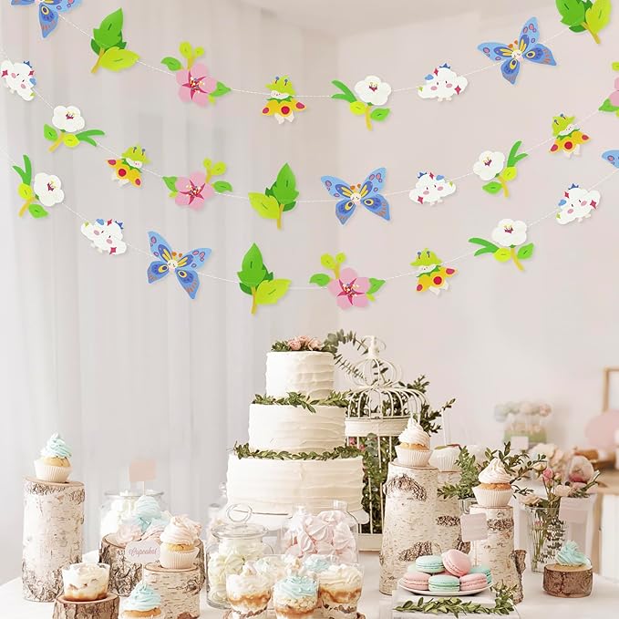 2PCS Flower Butterfly Banner, Floral Butterflies Party Decorations, Reusable Paper Fairy Wildflower Garland for Birthday Baby Shower Wedding Backdrop Tea Party Supplies Home Decor