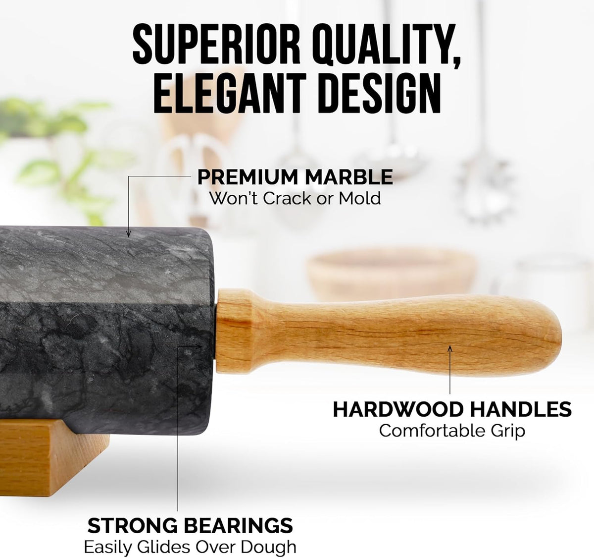 Zulay Kitchen 17-Inch Marble Rolling Pin With Stand - Polished Marble Rolling Pins For Baking - Long Rolling Pin Marble With Beechwood Handle