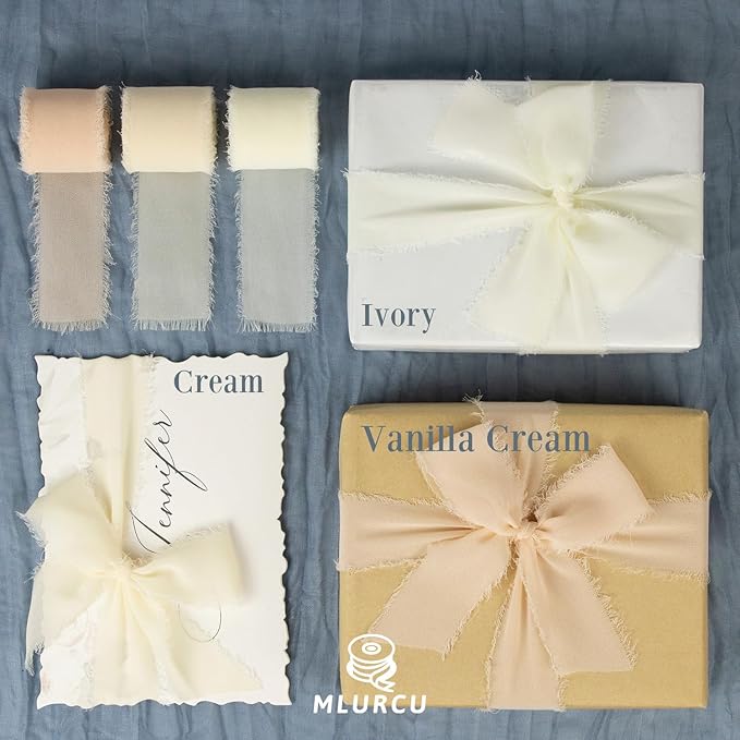Vanilla Cream Chiffon Ribbon - 1-1/2 Inch x 21 Yards Handmade Fringe Silk Ribbon for Gift Wrapping, Wedding Invitation, Bridal Flower Bouquets