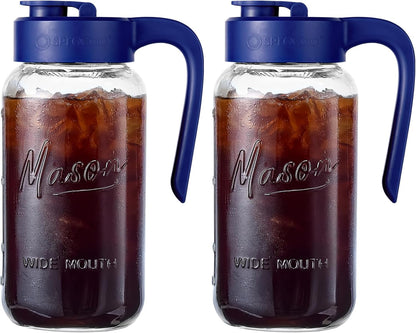 Mason Jar Pitcher - Airtight & Leakproof Glass Pitcher with Lid[set of 2], Perfect for Breastmilk, Cold Brew, and Sun Tea, 2 Quart (64 oz) Mason Jar with Pour Spout Lid
