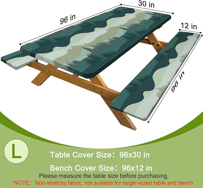 Picnic Table Cover with Bench Covers Windproof Waterproof Picnic Table Covers Camping Tablecloth with Self-Storage Bag, 96in, Green Blue