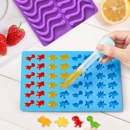 Gummy Candy Molds - Silicone Gummy Bear/Dinosaur/Hearts/Gummy Worm Mold for Kids with 2pcs Dropper,Non-stick and Bpa Free for Mini Candy Chocolate Gummies Baking