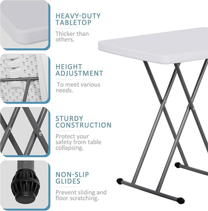 SUPER DEAL 2.5 Foot Plastic Folding Table, Indoor Outdoor Portable Heavy Duty Adjustable Height Kitchen or Camping Barbecues Picnic Party Tray Table, White