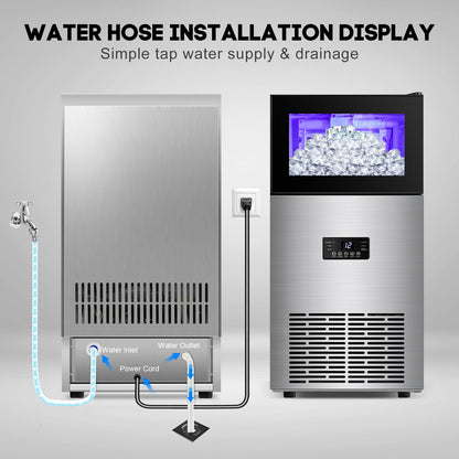 Commercial Ice Maker Machine 130LBS/24H with 35LBS Storage Bin, Stainless Steel Undercounter/Freestanding Ice Cube Maker for Home Bar Outdoor, Automatic Operation, Include Scoop, Connection Hose