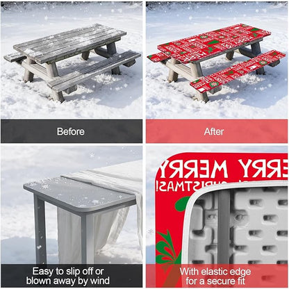 Picnic Table Cover with Bench Covers Set of 3, Elastic Fitted Tablecloth for 6 Foot Tables, Washable Polyester Tablecloths for Camping, Indoor & Outdoor