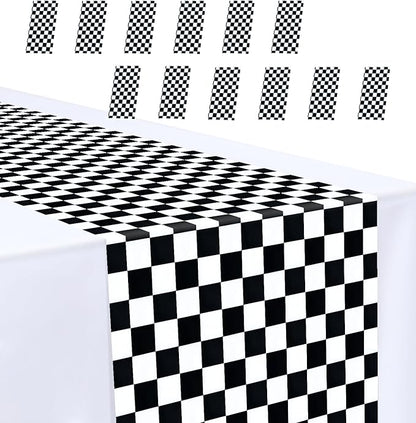 12 Pcs Black and White Checkered Table Runner 14 x 108 Plastic Table Runner for Race Car Theme Party Birthday Baby Shower Disposable Table Runner