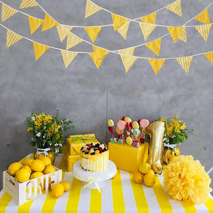 Zwiebeco 32Ft Yellow White Plaid Stripe Wavy Fabric Bunting Banner Triangle Flags Cotton Garland Pennant for Birthday Wedding Baby Shower Tea Party Classroom Nursery Home Outdoor Garden Decorations