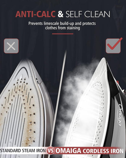 Cordless Iron for Clothes, 1500W Steam Iron Rapid Heating, Ceramic Soleplate, Auto Shut Off, Self-Clean, Anti-Calc, 3 Temperature Settings, 11.84oz Water Tank Ironing Clothes for Home, Black
