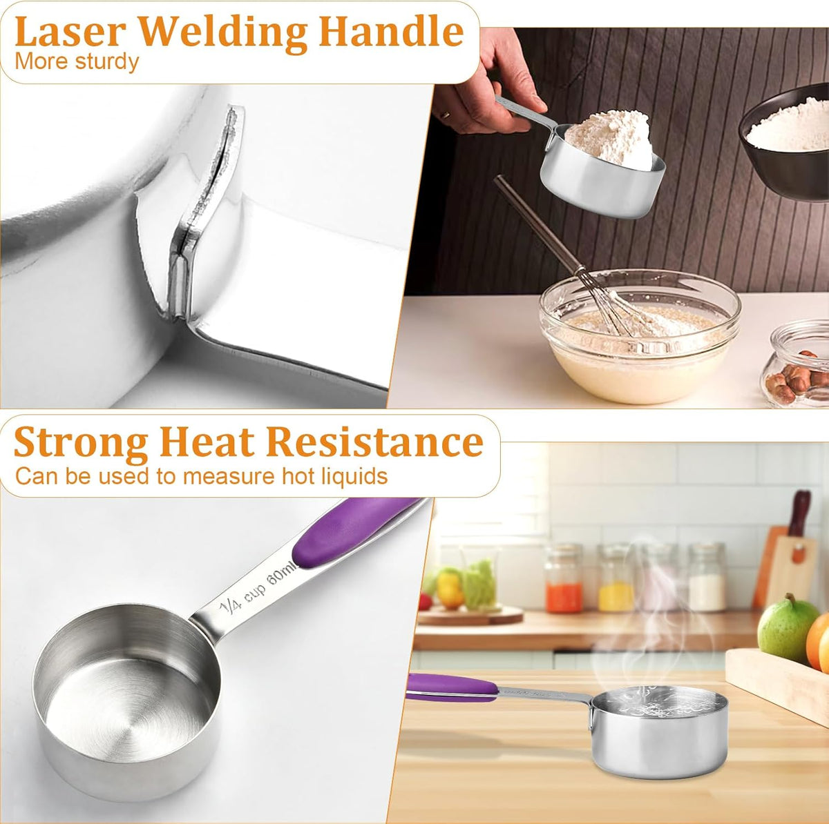 10 Pcs 1/4 Measuring Cup, 2 Oz Stainless Steel Scoop with Silicone Handle, Metal Mini Measuring Scoops Kitchen Gadgets for Cooking Baking