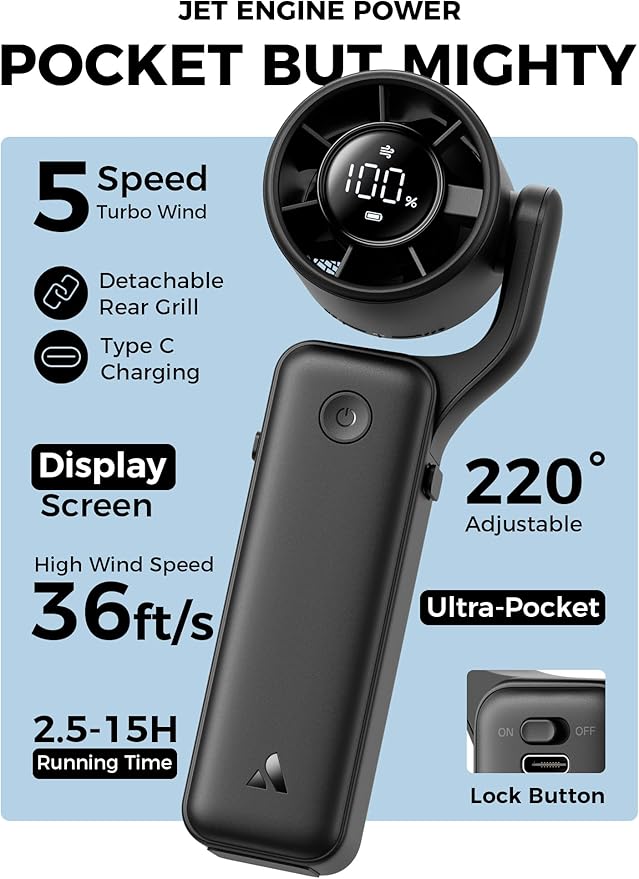 Aecooly Portable Handheld Fan, 3 IN 1 Steady Hands Free Powerful Fan, 15000 RPM Jet Force Turbo Airflow, 15H Max Cooling Time, 5 Speeds Air Gimbal, Mini Pocket Design, Gifts for Women, Travel -Black