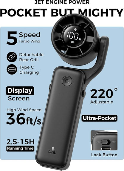Aecooly Portable Handheld Fan, 3 IN 1 Steady Hands Free Powerful Fan, 15000 RPM Jet Force Turbo Airflow, 15H Max Cooling Time, 5 Speeds Air Gimbal, Mini Pocket Design, Gifts for Women, Travel -Black