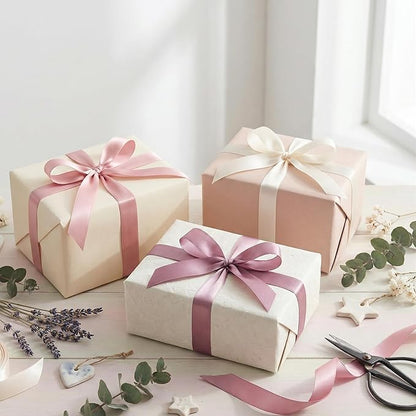 QIANF Dusty Rose Double Face Satin Ribbon 1 Inch x 45 Yards Champagne Pink/Rose Gold/Mauve Fabric Ribbon for Gift Wrapping, Flower Bouquets, Bows Making, Wedding Decor (3 Rolls *15Yd)