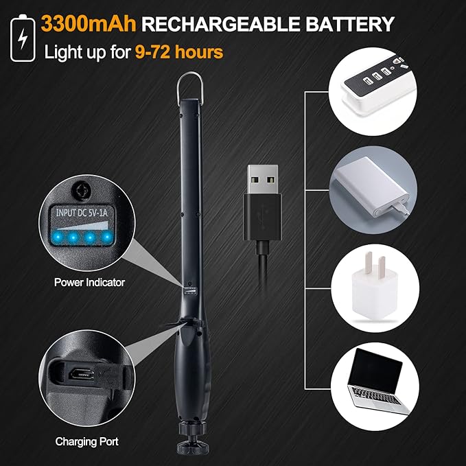 Magnetic LED Work Light, 24" USB Cable, 3300mAh Capacity, 4-Level Power Indicator Lights, 360 Pivoting Base, 20" Pull Force, 72 Hours of Low Brightness