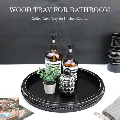 Round Black Wood Serving Tray with Beads, Wooden Decorative Tray for Entertaining, Decoration, and Gifting