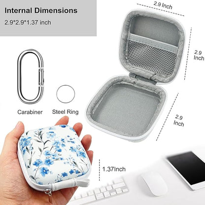 Earbud Case Headphone Organizer Ear Bud Case Portable EVA Carrying Box Storage Bag with Carabiner for AirPods Beats Bose Galaxy Buds 4/3/FE Data Cable Storage (Blue Flower)