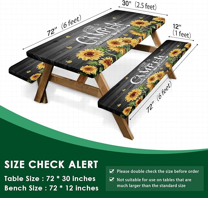 Sunflower Picnic Table Cover with Bench Covers, Rustic Grey Wooden Summer Floral Farmhouse Outdoor Camping Essentials 6FT 3PCS Fitted Rectangle RV Must Haves Tablecloth with Drawstring Bag
