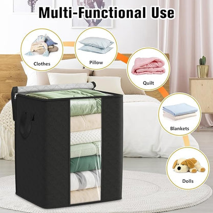 SpaceTrove Clothes Storage Bags, 8-Pack Comforter Blanket Organizers, 80L Large Capacity Containers with Visual Window for Clothing, Quilt, Sheet, Pillow, Closet Organization for Bedding (Black)