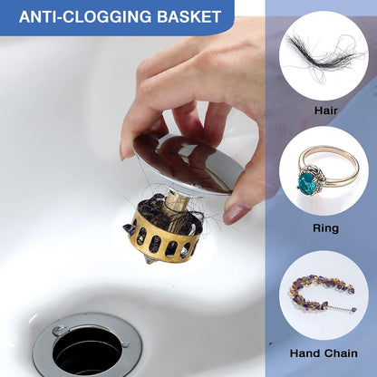 Stainless Steel Pop up Drain for Bathroom Sink Inst Sink Drain with Detachable Basket, Polished Chrome Drain Component with Overflow Bathroom Sink Drain