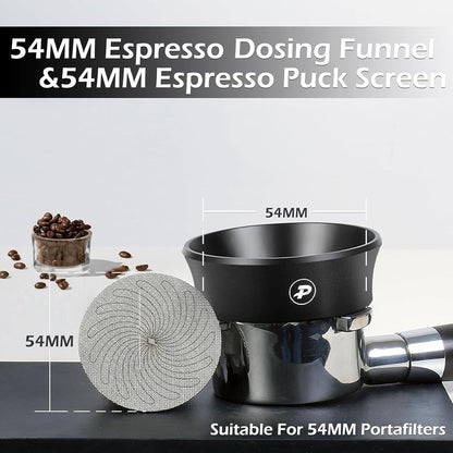 PUSEE 54mm Magnetic Dosing Funnel & Puck Screen Set 8 Magnetic Espresso Coffee Dosing Ring Reusable 1.7mm Puck Screen 316 Stainless Steel Fits All 54mm Portafilters Espresso Tools Espresso Accessories