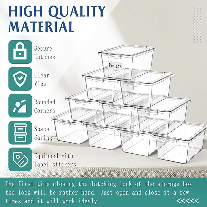 10 Pcs Cubby Bin with Clear Latching Lid Label Sticker Colored Plastic Stackable Book Storage Container for Classroom Office Home Sorting Arts Craft Desk Organizer(Clear)