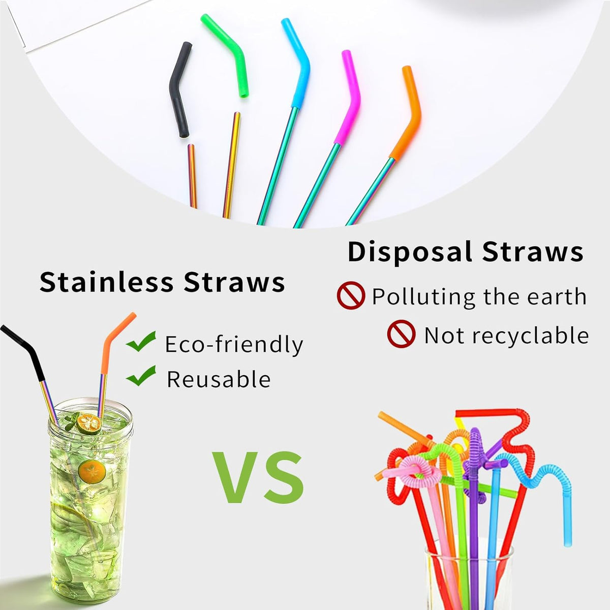 Lazycorner 10 Pcs Metal Straw Reusable 8.5" 6mm Stainless Steel Straws,20oz-32oz, Colorful Drinking Straws with Silicone Tips, 4 Straw Cleaner Brush