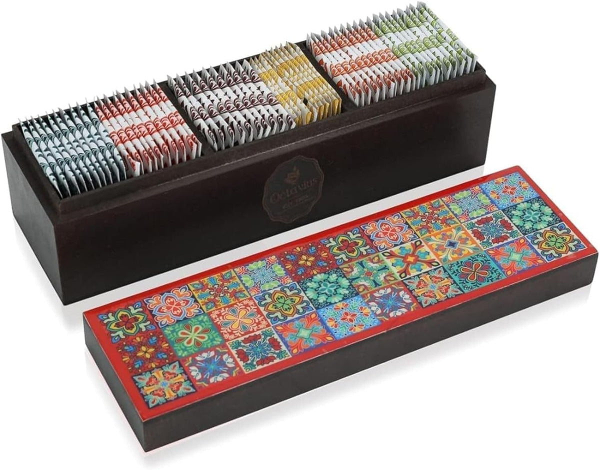 Octavius - Assorted Tea Variety Pack in Tile Motif Design Wooden Box, 6 Flavors, 60 Tea Bags, Black & Green Tea, Tea Gifts for Women & Men