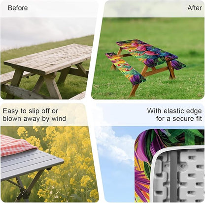ANNA QUEEN Tropical Flamingo Summer Flower Picnic Table Cover 6FT with Bench Covers Picnic Table Cover Set 3PCS 72"x30", Outdoor Bench and Tablecloth Furniture Protection