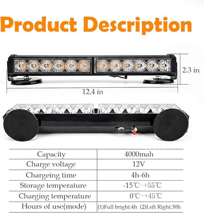 Amber Wireless Battery Traffic Advisor Emergency Lights Bar Beacon Led Strobe Warning Light Mini Roof Top Plow Hazard Flash with Magnetic Base Mount and 12 V Rechargeable Plug (Yellow, 12 LEDs)