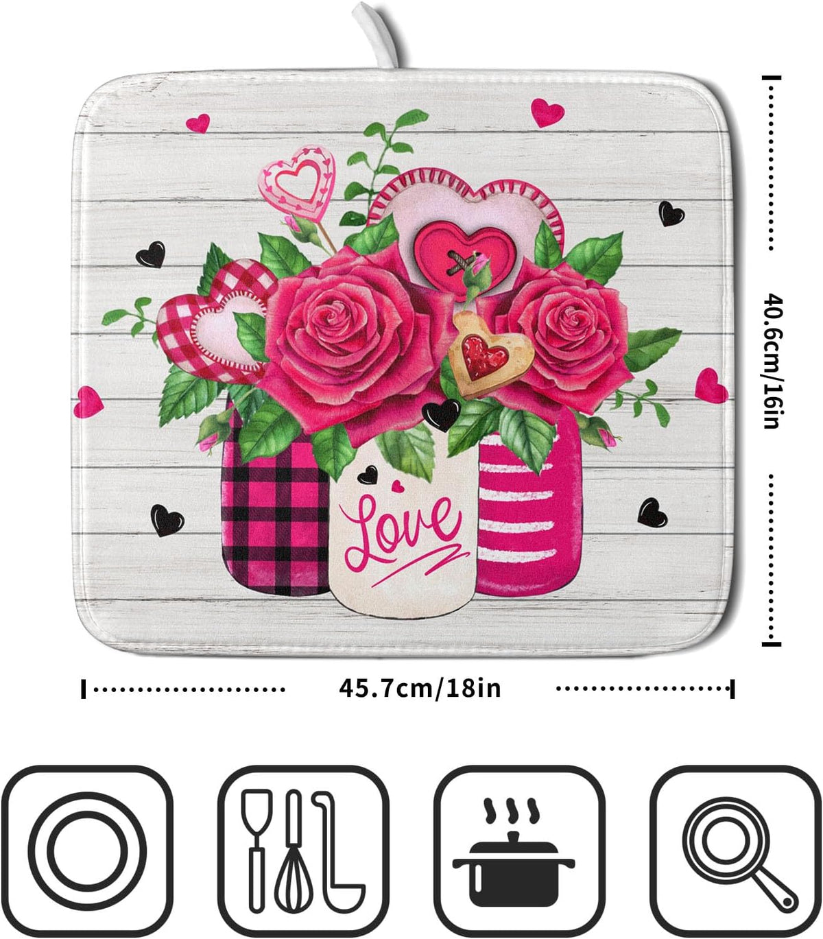 Valentine's Day Rose Flower Dish Drying Mat for Kitchen Counter,Mason Jar Pink Love Heart Drying Mat 16 x 18 Inch with High Absorbent Microfiber
