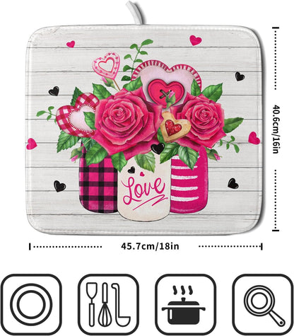 Valentine's Day Rose Flower Dish Drying Mat for Kitchen Counter,Mason Jar Pink Love Heart Drying Mat 16 x 18 Inch with High Absorbent Microfiber