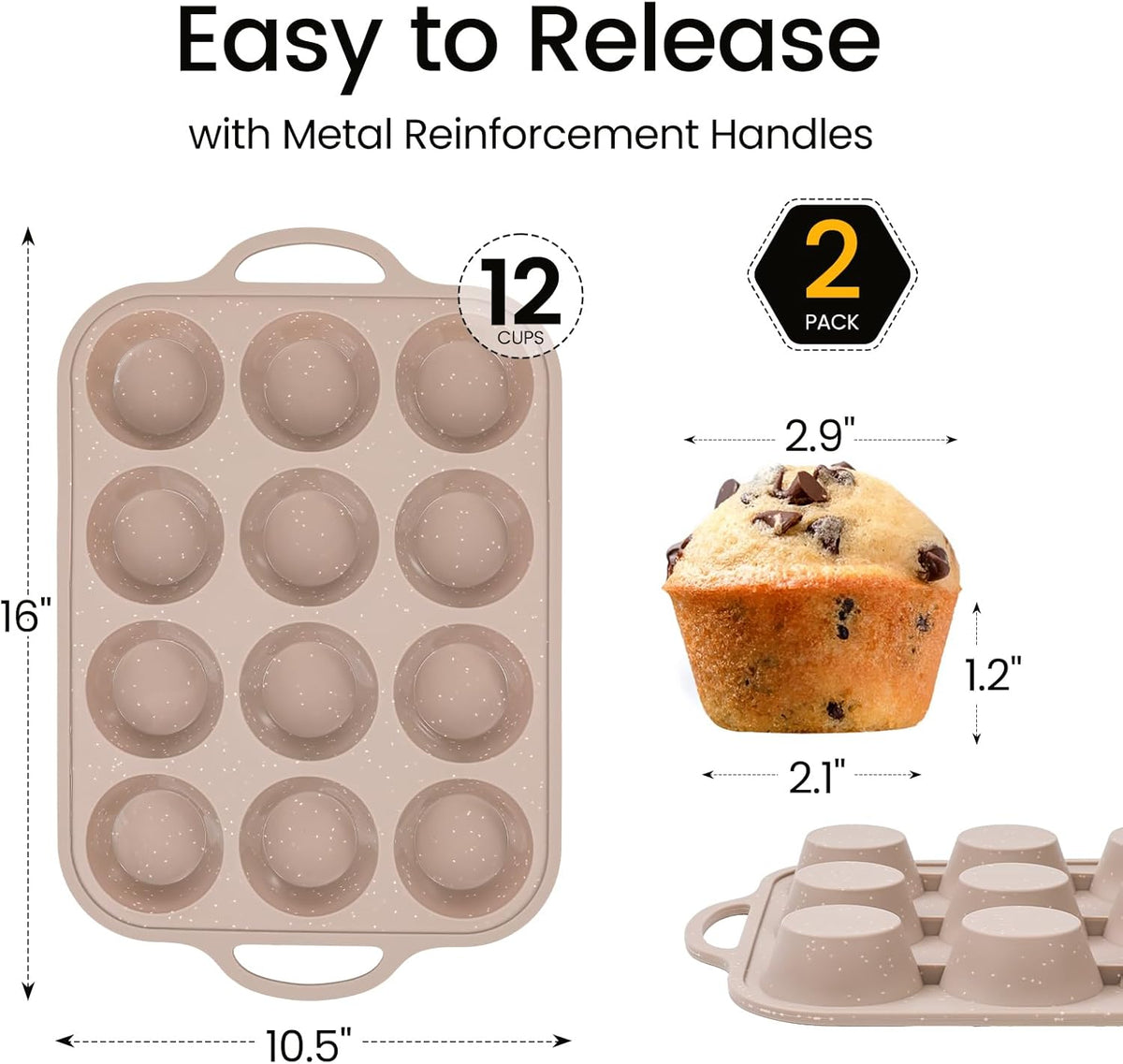 Vinino 2Pack Silicone Muffin Pans for Baking with Metal Reinforced Frame, 12 Cups Regular Size Nonstick Silicone Cupcake Pan