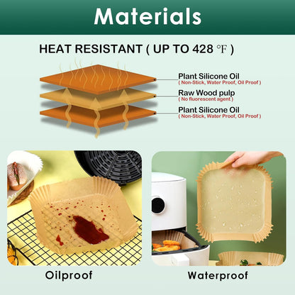 Vailnd Air Fryer Liners Disposable, 150 Pcs 8" Unbleached Parchment Paper Sheets Square, Heavy-duty Baking Paper Liner for Air Fryers Cooking Oven Steamer, Non-Stick, Grease-Resistant