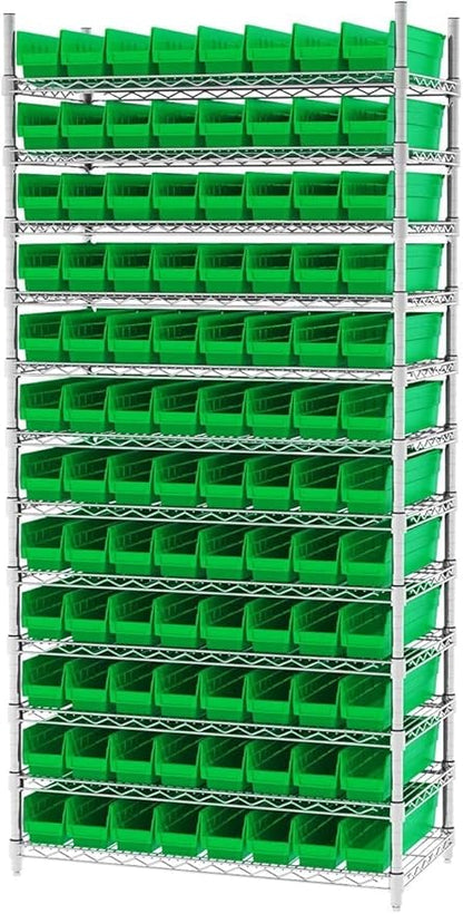 Akro-Mils 30128 Plastic Shelf Bins, Heavy Duty Storage Bins for Garage, Closet, and Drawer Organization, 18-Inch x 4-Inch x 4-Inch, Green, 12-Pack