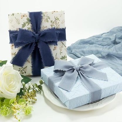 Dark Blue Cotton Ribbon 1-1/2 Inch Navy Blue, Dusty Blue & Baby Blue 3 Rolls 21 Yards Frayed Edge Fabric Set for Formal Wedding Decor, Graduation Party, Father's Day, Gift Wrapping & DIY Crafts