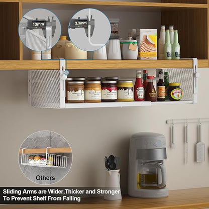 AmonHouseware 2Pack Under Shelf Basket, Adjustable Hanging Under Cabinet Shelf Storage, Hanging Holder Length Stretchable 14.9-22.6Inch for Kitchen Pantry Desk Counter Bookshelf Cupboard (White)