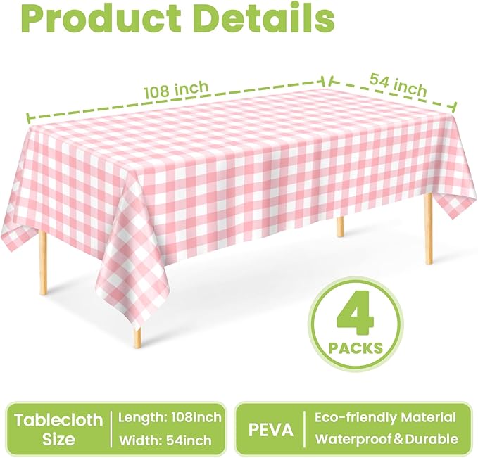 Mulbozy 4 Pcs Pink Gingham Tablecloth 54 × 108 Inches Pink and White Checkered Table Cloth Disposable Plastic Waterproof Tablecover for Outdoor Picnic, Birthday Party, Holiday Dinner