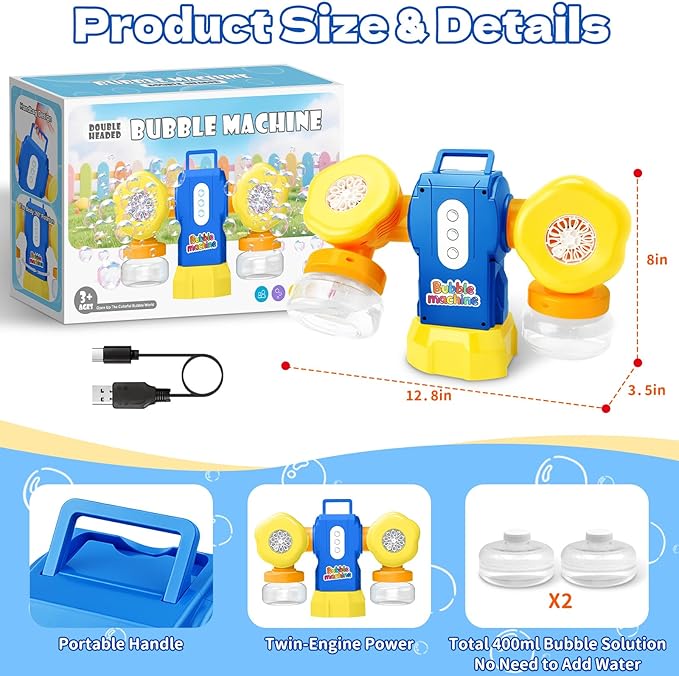 Rechargeable Bubble Machine for Kids, Dual Switch Control, Automatic 360° Rotation & 90° Adjustable Bubble Blower Maker with LED Lights Indoor Outdoor Toy Gift for Birthday Wedding Parties