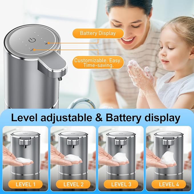 Automatic Foaming Soap Dispenser Touchless,Liquid Soap Dispenser 4-Level Adjustable Hands-Free Wall Mount Soap Dispensing for Bathroom and Kitchen Silverr