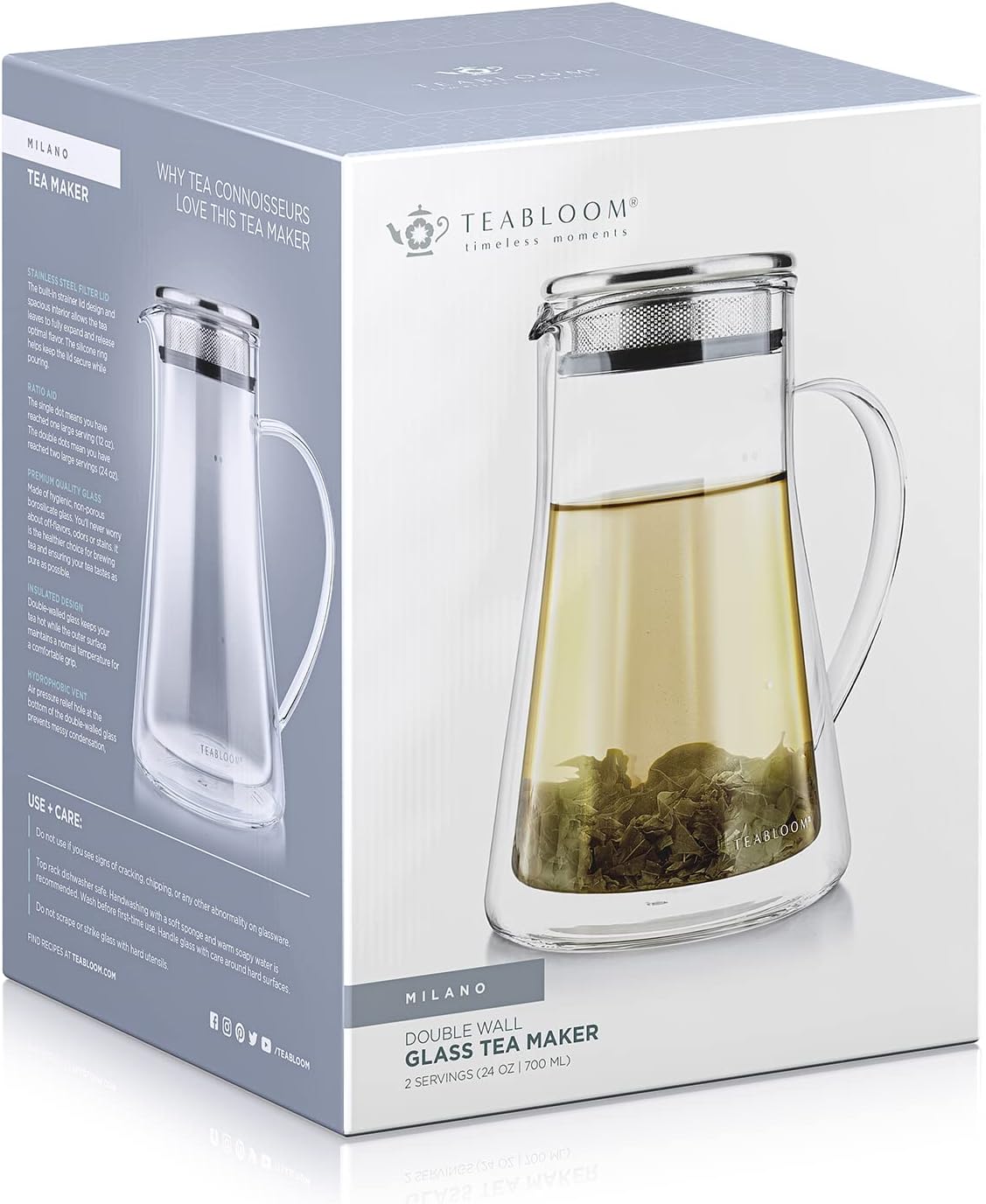 Teabloom Insulated Teapot Keeps Tea Hot – Tea Maker For Two (24 oz) – Double Wall Heatproof Glass Tea Steeper with Stainless Steel Filter Lid for